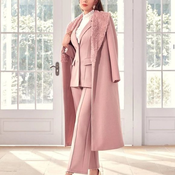 Faux Fur neckline Collar Overcoat Jacket Pink - Picture 2 of 6